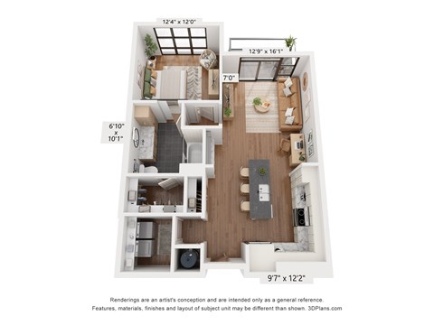 A 3D floor plan of a small apartment with a kitchen, living room, and two bedrooms.